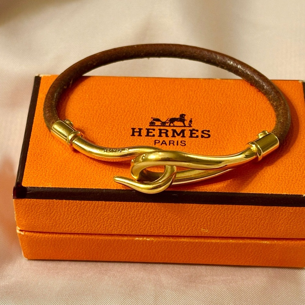 HERMES Hook Gold and Brown Leather Bracelet